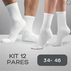Kit Até 12 Pares Meias Branca  Esportiva Lisa Meia Cano Alto Unissex para o dia a dia e Esportes