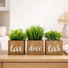 Kit 3 Vasinhos Decorativos com Plantas Artificiais Inclusas - Frase Lar doce Lar em Acrílico Espelhado
