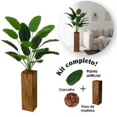 Planta de Chão para Sala com Vaso de Madeira e Cascalho Inclusos 1,15 m Altura Total com Vaso - Kit Completo