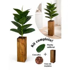 Vaso De Chão Madeira Pinus Com Ficus Lyrata Permanente Realista Toque Real - Kit completo com acabamento incluso