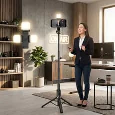 Pau de Selfie Tripé 1,7m com Luz LED Controle Remoto Bluetooth Rotação 360° para iPhone Android
