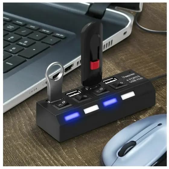 Hub USB 4 Portas com Interruptor – Régua Extensão USB para PC e Notebook, Adaptador USB