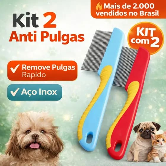 Pente Anti Pulgas para Cães e Gatos Aço Inoxidável Dentes Finos Kit 2 Unidades
