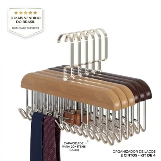 Kit 2/4 Cabides Organizadores de Madeira 8 Ganchos Para Cintos Gravatas Lenços Sutiãs e Colares