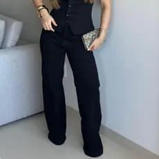 Calça Wide Leg Feminina Cintura Alta Jeans Pantalona Preta Premium Com Elastano Preta Marrom