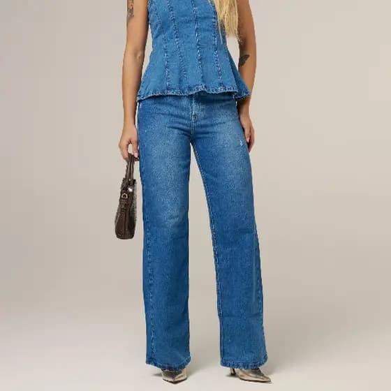 Calça Wide Leg Feminina Jeans Cintura Alta Pantalona Premium 100% Algodão Marmorizada Cintura Alta
