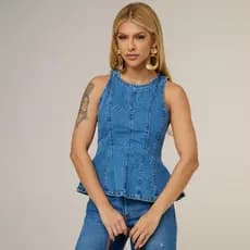 Blusa Jeans Feminina Acinturada com Recortes Modeladores 100% Algodão Premium Estilo Elegante Fashion