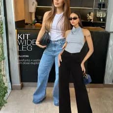 Kit 2 Calça Wide Leg Feminina Cintura Alta Pantalona com Elastano Marmorizada E Preta Premium