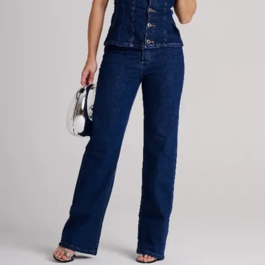 Calça Wide Leg Feminina Jeans Cintura Alta Pantalona Premium 1% Elastano