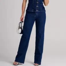 Calça Wide Leg Feminina Jeans Cintura Alta Pantalona Premium 1% Elastano