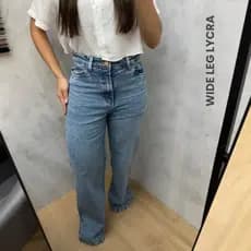 Calça Wide Leg Feminina Jeans Cintura Alta Pantalona Premium 1% Elastano