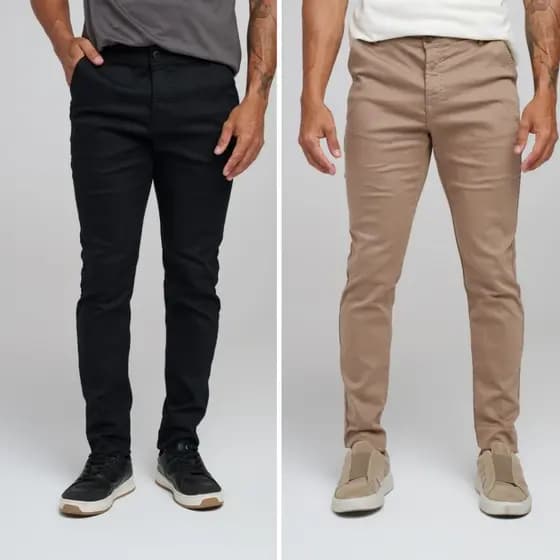 KIT 2 Calça de Sarja Alfaiataria Masculina Esporte Fino Bolso Embutido Slim Premium com Lycra