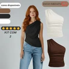 KIT 2 Blusa Feminina Elegante Mula Manca Com Franzido Assimétrica Casual Ombro Único