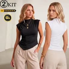 KIT 2 Blusa Gola Alta Básica Assimétrica Regata Manga Curta Elegante Formal Festas Dia a Dia Casual Verão