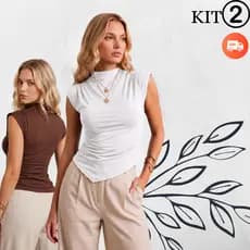 KIT 2 Blusa Gola Alta Básica Assimétrica Regata Manga Curta Elegante Casual Verão Formal Festas Dia a Dia