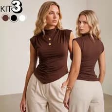 KIT 3 Blusa Gola Alta Básica Assimétrica Elegante Regata Manga Curta Formal Festas Dia a Dia Casual Verão