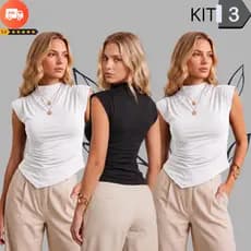 KIT 3 Blusa Gola Alta Básica Assimétrica Elegante Regata Manga Curta Formal Festas Dia a Dia Casual Verão