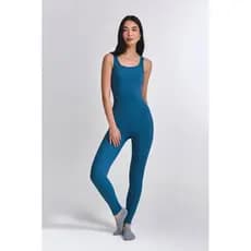Macacão Azul Fitness Alça Larga Feminino em Poliamida Canelada Sem Costura Frontal Alta Elasticidade para Academia