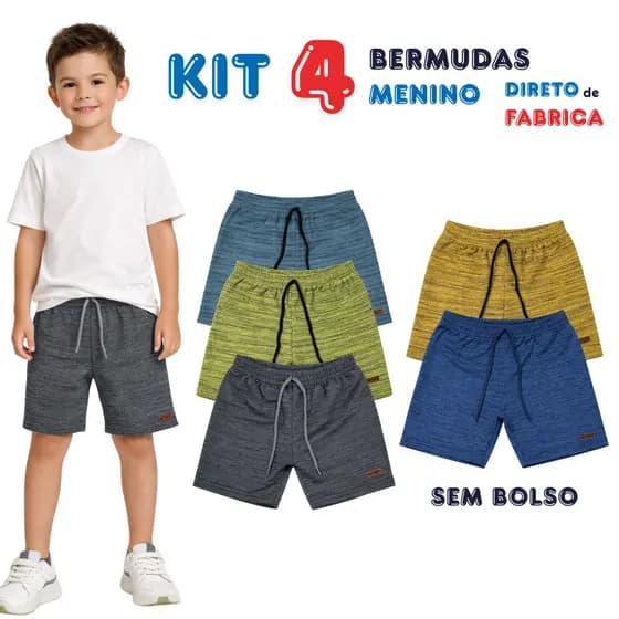 Kit 4 Bermudas Infantil Menino Verão Algodão Conforto 4 ao 10