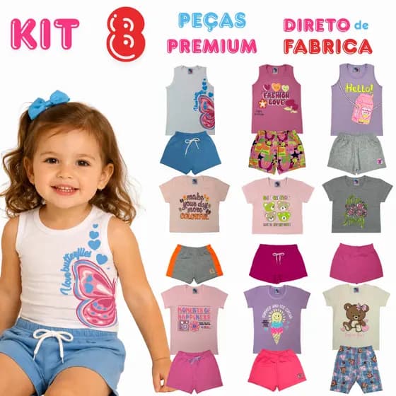 Kit 8 Peças Premium Sortidas Infantis Verão Menina Coloridas 1 ao 3 Anos