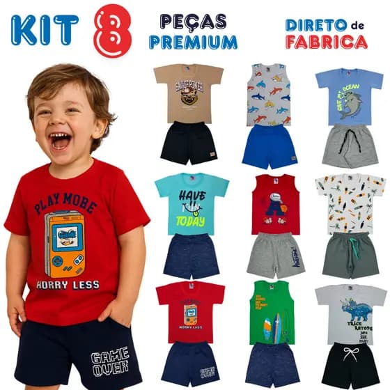 Kit 8 Peças Premium Sortidas Infantis Verão Menino Estiloso 1 ao 3 Anos