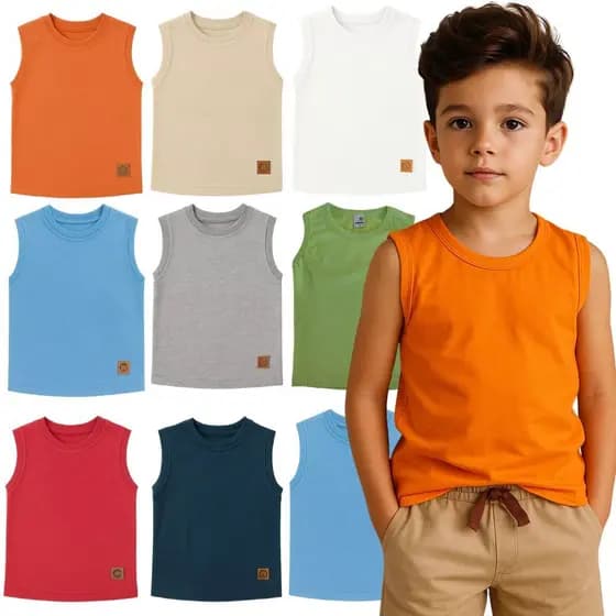 Regata Infantil Menino Básica Lisa 2 ao 12 Anos | Roupa Infantil Menino Verão | Kit Sortido com 1, 2, 3, 4 ou 5 Regatas