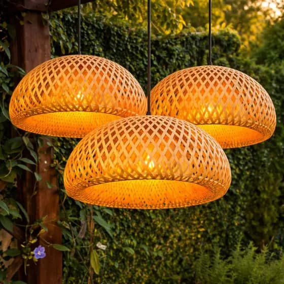 Kit 3 Luminárias de Teto Lustre Pendente Bambu Malibu Mini Rústico 35cm Altura Ajustável 2 Metros