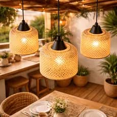 Kit 3 Lustres De Bambu 18cm Pendente Teto Led Completo Estilo Boho Restaurante Rústico Moderno