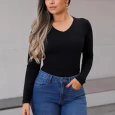 Blusa Segunda Pele Feminina Viscolycra Manga Longa Gola V Básica Confortável