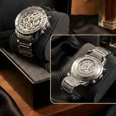 Relógio BGR Executivo Skeleton Design Italiano Luxo Pulseira Inox Posterior De Vidro