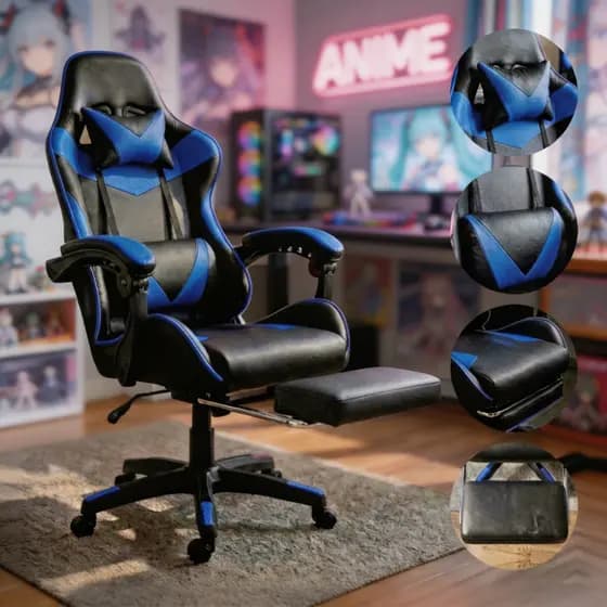 Cadeira Gamer 2 em 1 para Escritório, Ergonômica, Encosto Ajustável, com Rodinhas e Apoio para Pés