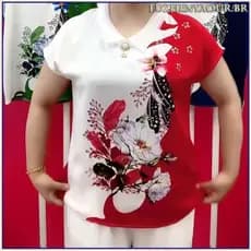 Blusa Feminina com Gola Ajustável, Camiseta Estampada de Manga Curta, Pequena, Jovem e Estilosa, Top Solto L8R0 3914