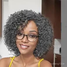 Nova Peruca Africana para Mulheres, Curta, Cacheada, Cinza, com Divisão Lateral, Peruca Sintética com Frente de Renda 94