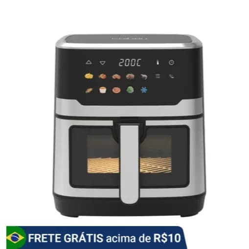 COIBEU Fritadeira Elétrica Air Fryer 6,5L Inox Tela Inteligente Touchscreen Visor Transparente 127V