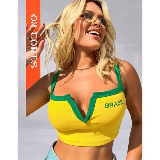 Cropped Feminino Edição Brasil Alcinha Decote V Top Ribana Canelado