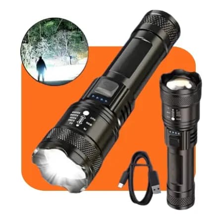 Lanterna Tática Super Potente P50, 3 Modos de Luz, Zoom, Recarregável Tipo-C, À Prova D'água para Camping e Segurança