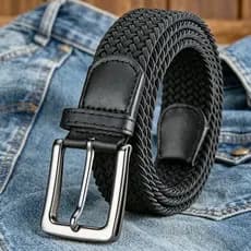 Cinto Social Masculino: Tecido Trançado Elástico com Ponteiras de Couro - Estilo Versátil e Confortável 120cm