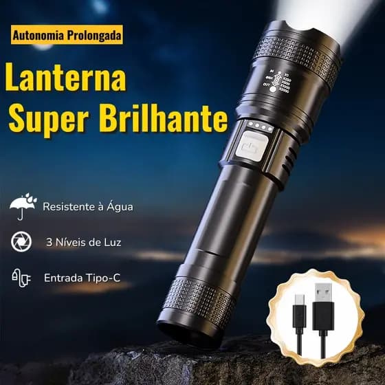 Lanterna Tática Militar LED Alta Potência Longo Alcance Com Zoom À Prova D'água Profissional Recarregável USB Ultra Bril
