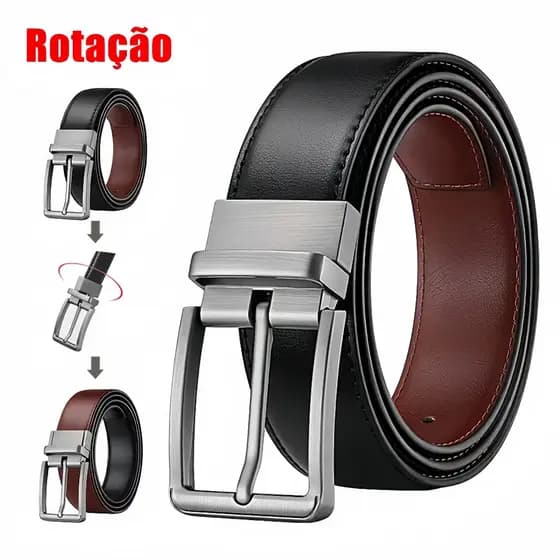 Cinto Masculino de Couro Reversível 1 Peça com Fivela Giratória, Design Bicolor Moderno (Preto e Marrom) – Versátil