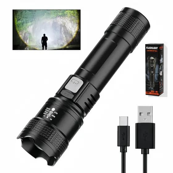 Lanterna Tática P50 Ultra Brilhante, Recarregável USB, À Prova D'água, Ideal para Camping e Emergência