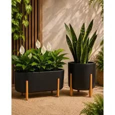 Kit Vaso para Plantas e Floreira Decorativa com Pé de Madeira | Jardim e Decoração Premium