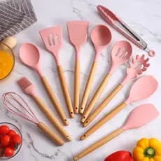 Jogo de Cozinha Kit 12 Peças de Silicone, Utensílios e Copo Suporte para Cozinha Cabo de Madeira ROSA