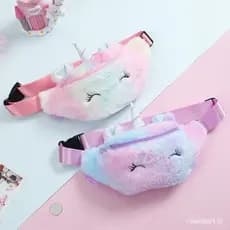 Bolsa para crianças, Bolsa de Viagem Feminina Unicórnio com Cinto de Pelúcia