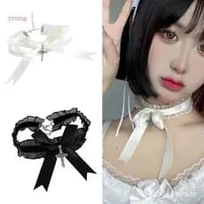 Jovem Gótico Cruzes Pingente Colar Plissado Laço Bowknot Gargantilha Halloween Natal Ano Novo Jóias Para Mulheres Menina