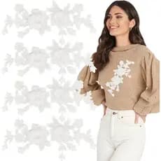 4 peças de apliques florais bordados brancos, aplique de flor rosa para costurar, par de flores retrô, ornamento de poli