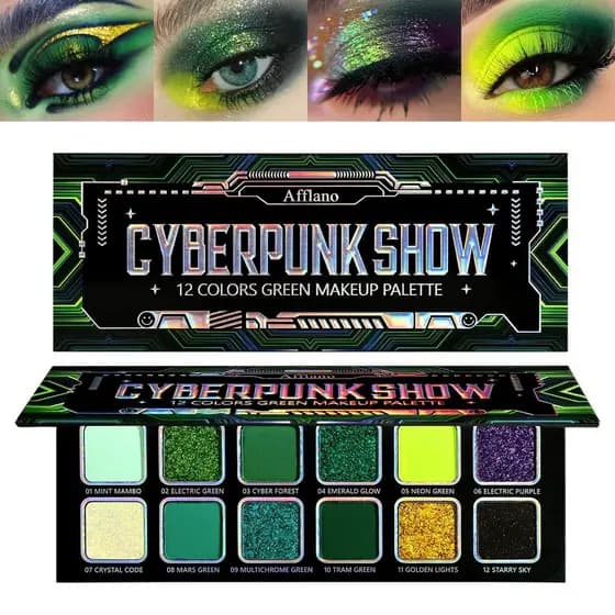 Paleta de Sombras Multicromáticas Verde Afflano, Paleta de Sombras com Glitter Verde que Muda de Cor, Sombra Matte Croma