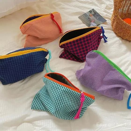 [largeloohg] Ins Xadrez Bolsa De Maquiagem Estojo De Lápis De Grande Capacidade Com Zíper Viagem Cosméticos