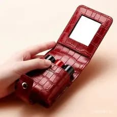 Estojo De Batom De Couro PU Com Espelho , Mini Bolsa Cosmética De Maquiagem Externa Portátil Pequena Viagem Fecho De Pre