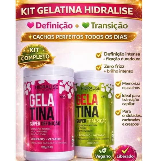 kit Gelatina Capilar Para Cabelos Cacheados - Hidralize 1kg- Anti frizz, cabelos definidos, toque macio, natural!
