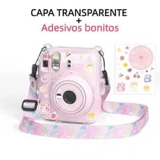 Capa Transparente Instax Mini 12 Case Cristal + Alça + Adesivos Decorativos - Kit Proteção e Estilo Fujifilm